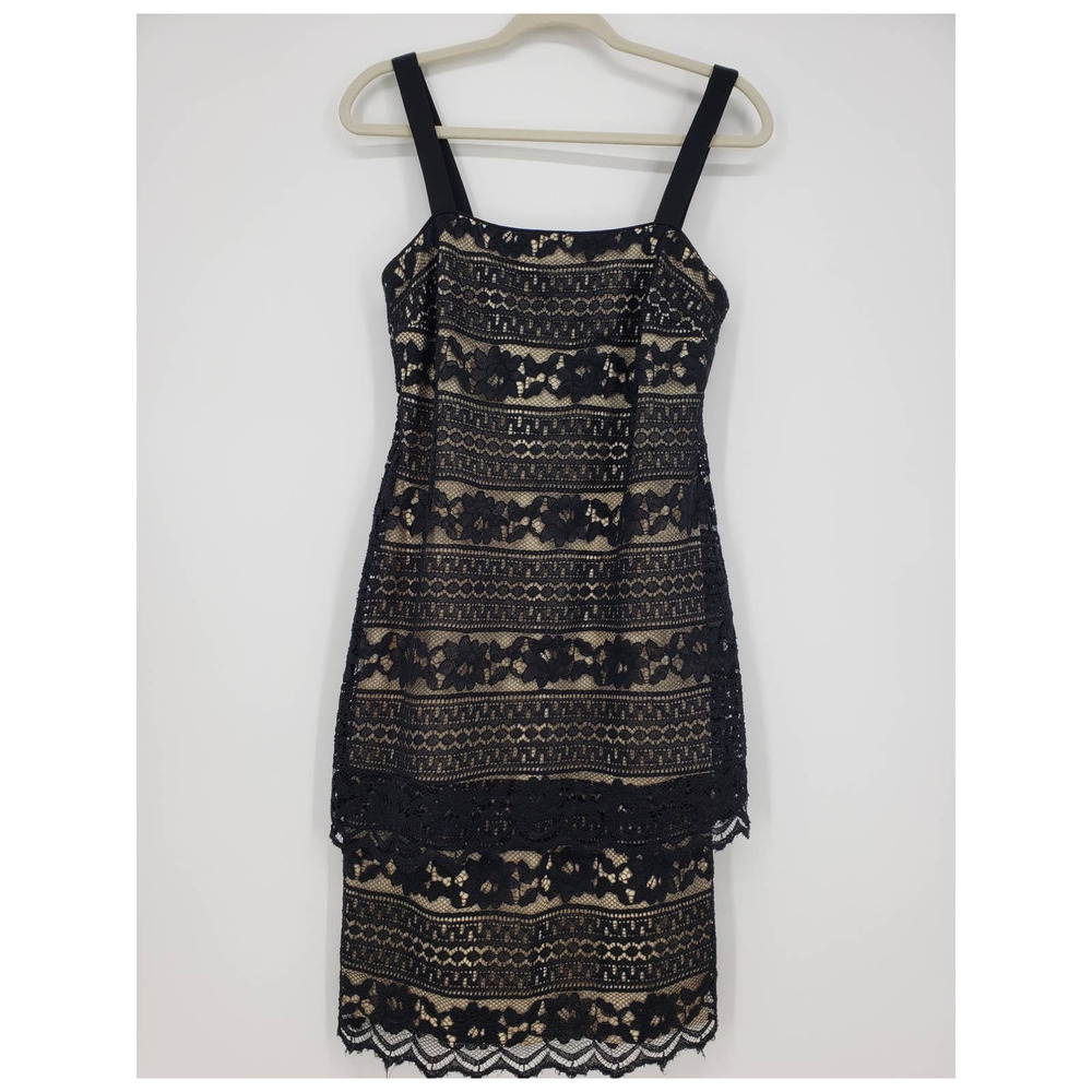 3/$25 R&M Richards Lace Cocktail Dress 6 Sheath Tiered Layered Square Neck Black